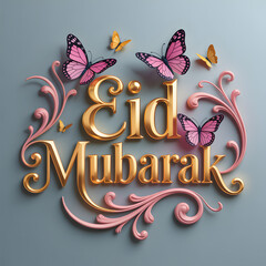 Elegant Purple Ornate "Eid from Mubarak and Family" Lettering with Floral Embellishments and Butterfly &mdash; Family Eid Greeting Design