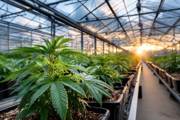 Cannabis plants growing in a greenhouse at sunset