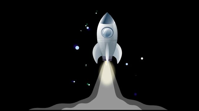 Rocket launch animation on dark background space travel exploration concept blasting off with flame smoke loop ready
