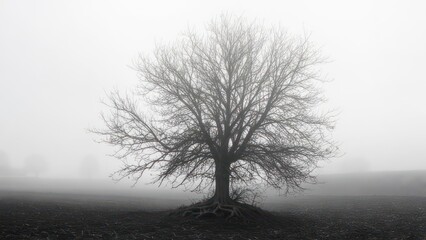Lone bare tree stands in a field engulfed in fog, starkly contrasting the dim surroundings