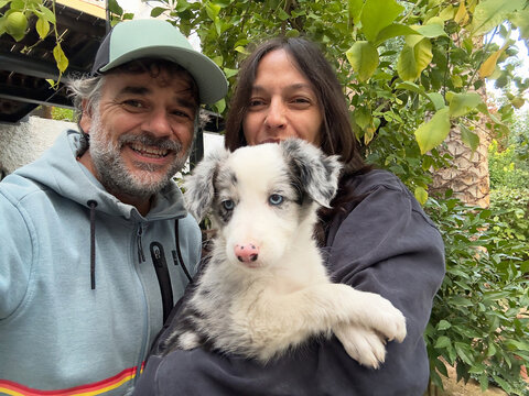 Selfie Of A Smiling Couple Holding Border Collie Puppy