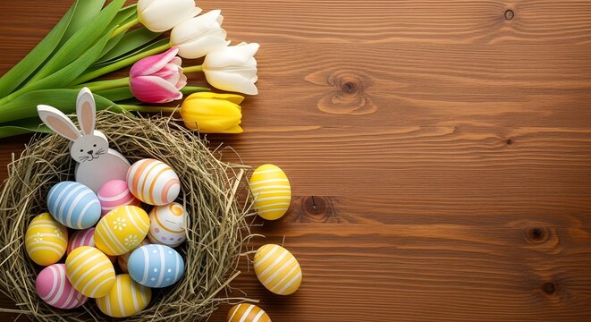 Easter eggs and tulips on wooden background with bunny decoration suitable for rustic holiday