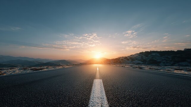 Empty asphalt highway stretching toward the horizon under a golden sunset in a snowy mountain landscape.