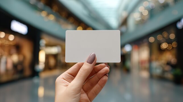 A hand holding a blank card in a mall. The card is white and has no writing on it