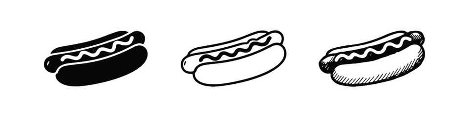 Hotdog Icon Set - Three Styles of Outline, Solid, and Hand-Drawn Fast Food Symbol, Vector Illustration © drawing lines