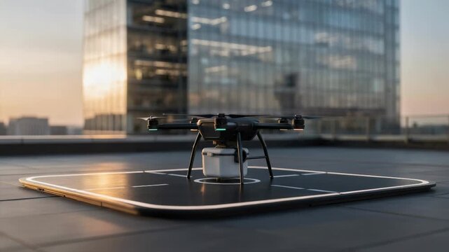 Aerial food delivery drone touched down on a sleek rooftop landing zone with an office building facade softly out of focus behind.