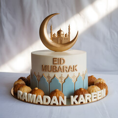 White Fondant Eid Cake with Gold Mosque Topper, Blue Pattern Border and Assorted Pastries Spelling "Ramadan Kareem" &mdash; Festive Eid Mubarak Dessert Display