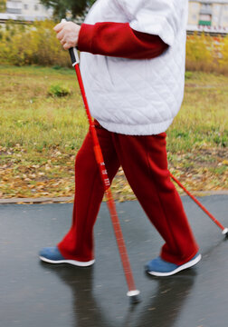 Elderly Person Enjoying a Walk With Trekking Poles in a Park