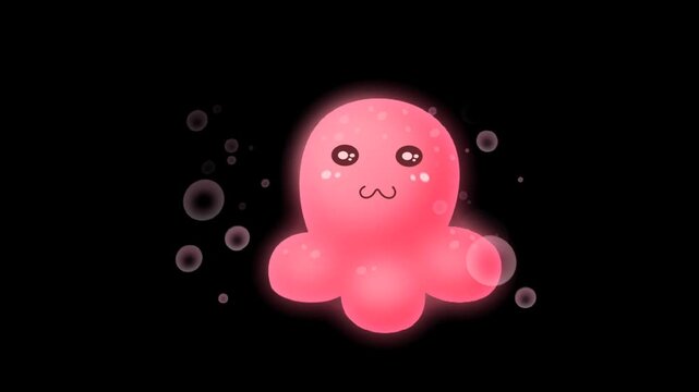 Cute pink octopus animation floating with bubbles on black screen cartoon sea creature playful underwater loop ready