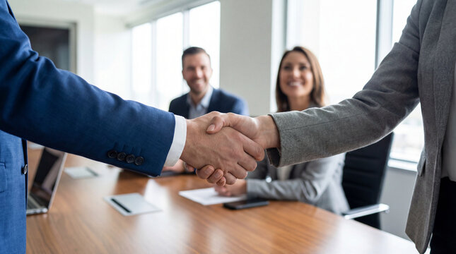 Business partners seal deal with handshake. Close handshake shows trust during contract negotiation in boardroom, for new year kickoff, merger agreement concept, copy space business growth theme