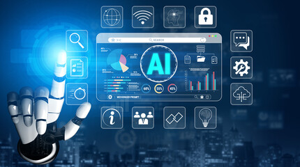 Fototapeta premium Futuristic Robot Hand Interacting with Digital Screen Displaying Artificial Intelligence Data and Various Technology Icons on a Blueprint Background Quark.
