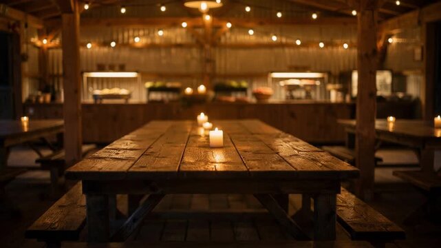 Evening scene in camp dining hall featuring medium shot of rustic wooden benches and candlelit tables soft glowing lights focused on dining area buffet in background gently
