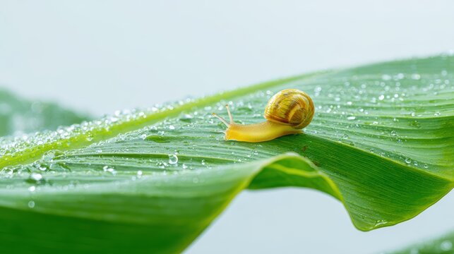 Snail on Dewy Leaf: A miniature world comes alive with a charming snail, gracefully navigating a vibrant green leaf, adorned with glistening dewdrops.