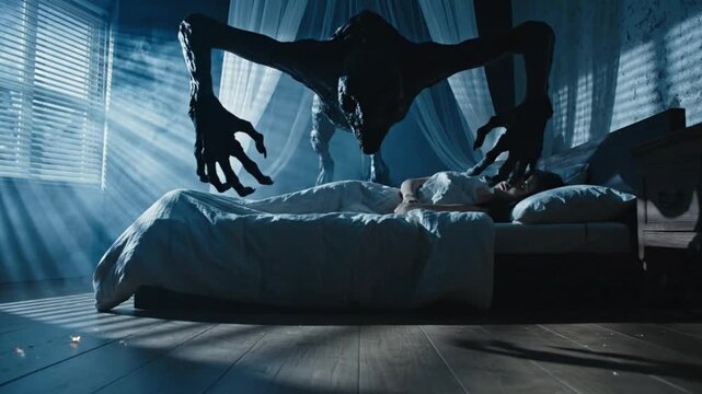 Shadow Monster Watching Sleeping Woman at Night. 4K Video