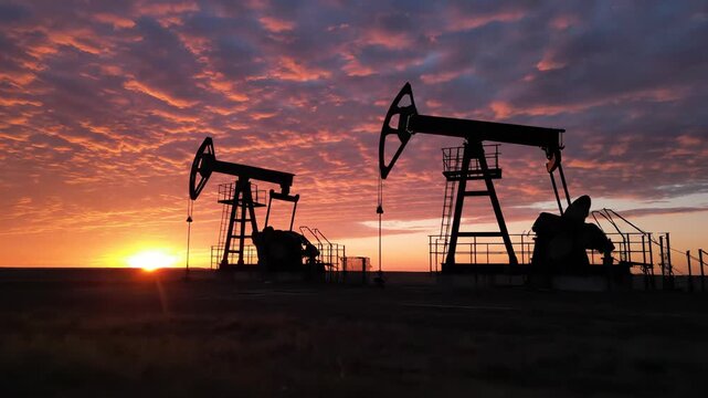 Operating oil pumpjacks silhouetted against a dramatic sunset sky with vibrant altocumulus clouds