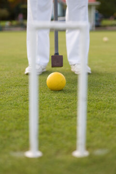 Senior Citizen Croquet Player aim wicket 