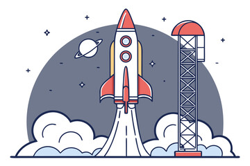 Fototapeta premium Rocket Launching into Space with Planet and Stars.