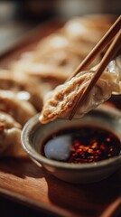 Fototapeta premium Close-up of Dumplings with Dipping Sauce