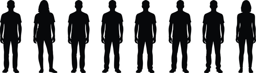 Black silhouette illustration of eight male and female figures in neutral standing postures symbolizing identity, diversity, and representation themes