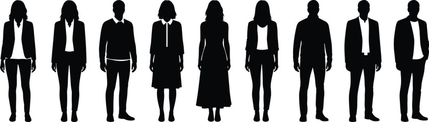 Black silhouette illustration of nine people in professional attire symbolizing diversity, identity, business, teamwork, and representation themes