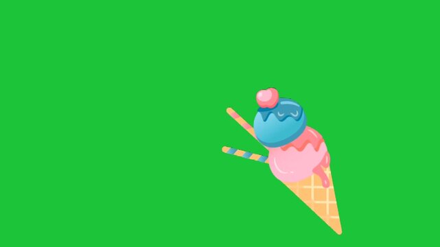 Colorful ice cream cone with two scoops and cherry topping on green background cute dessert animation loop ready