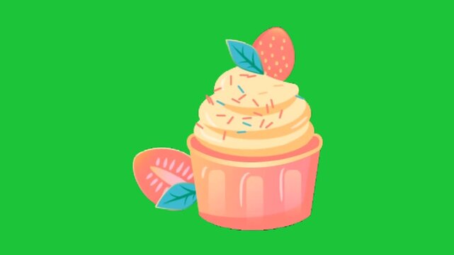 Cute animated cupcake with strawberry topping on green background colorful dessert illustration loop ready for video