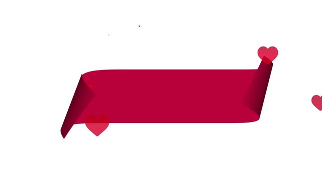 Red ribbon banner with hearts on white background love