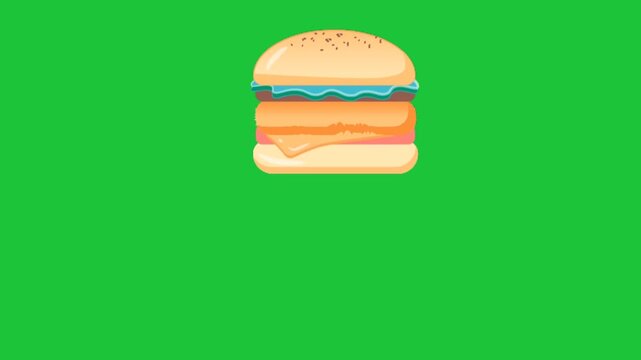 Colorful animated burger icon on green background minimal fast food concept modern flat design loop ready for video film