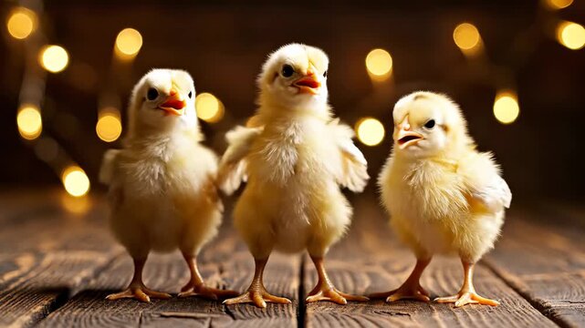 Close up of fluffy yellow chicks standing and chirping on a dark rustic wooden table with warm glowing bokeh lights