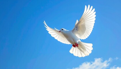 Fototapeta premium White Dove Flying in a Clear Blue Sky Symbolizing Peace and Freedom