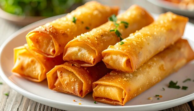Crispy Indonesian lumpia spring rolls neatly stacked, bright natural lighting, clean white plate, high detail golden texture, appetizing snack concept, restaurant advertising style