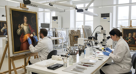 Obraz premium Art conservators restoring old painting in laboratory with white coats and gloves