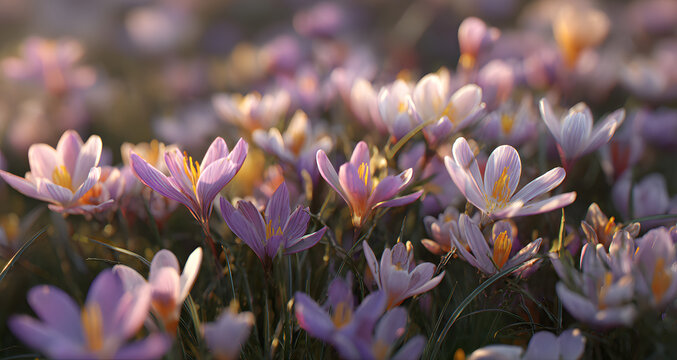 The early spring season and the awakening of nature are signified by the colorful flowers of crocus on a meadow, which is depicted in this beautiful floral background.