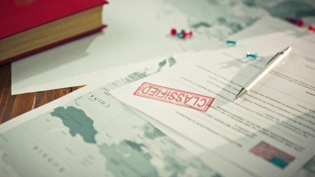 A world map surrounded by confidential interstate documents bearing a classification seal is carefully laid out on a table, highlighting a high level of security and restriction