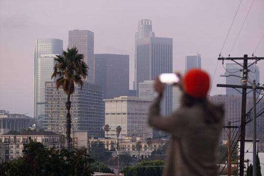 Man taking photo  Los Angeles skyline