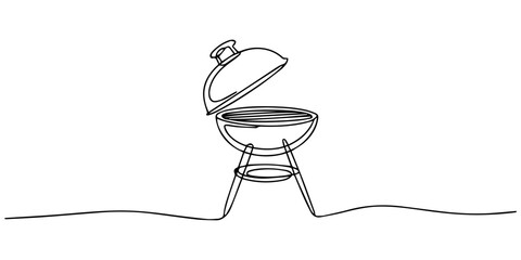 Continuous one line vector illustration of barbecue grill or kettle grill in minimalist line art style, BBQ cooking concept, Continuous one line drawing of a BBQ grill. Vector illustration of charcoal © Parboti