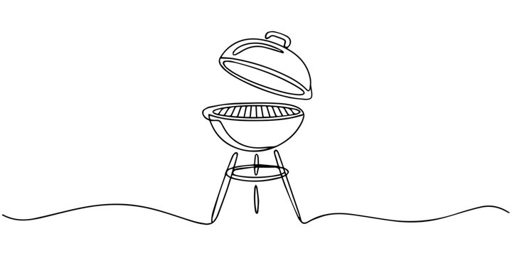 Continuous one line vector illustration of barbecue grill or kettle grill in minimalist line art style, BBQ cooking concept, Continuous one line drawing of a BBQ grill. Vector illustration of charcoal