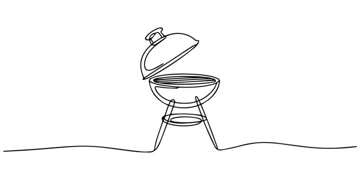 Continuous one line vector illustration of barbecue grill or kettle grill in minimalist line art style, BBQ cooking concept, Continuous one line drawing of a BBQ grill. Vector illustration of charcoal