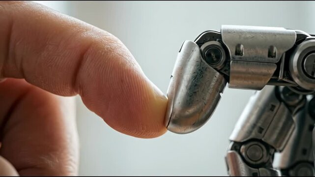 Human finger touching robotic finger in sequence. Close-up view of interaction between human hand and metallic prosthesis. Concept of human-robot touch and cybernetic connection in advanced bionics