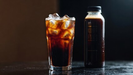 Refreshing iced coffee in glass and bottle on dark background.