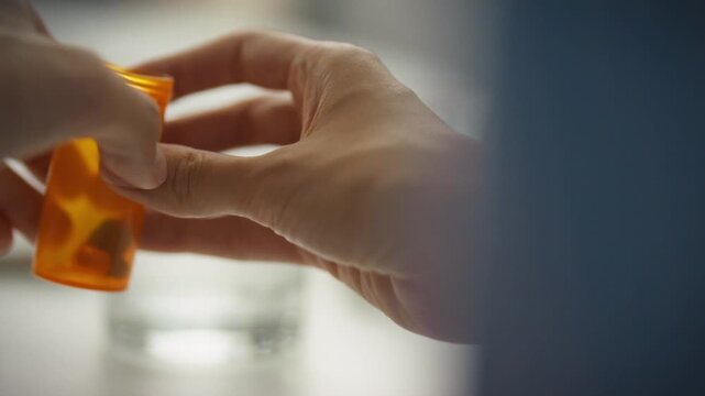A female patient follows her self-medication regimen by carefully opening an orange prescription bottle, removing pills to maintain her health through regular vitamin intake