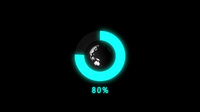 Futuristic Neon Ring Progress Bar with Earth Globe and 79 Percent Indicator on Black Background loading