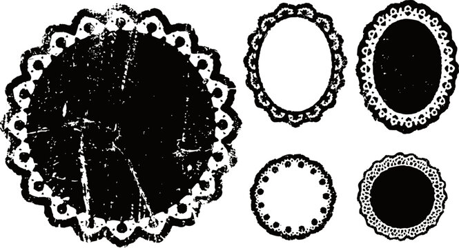 Vintage ornate round and oval lace frames with decorative borders in black and white
