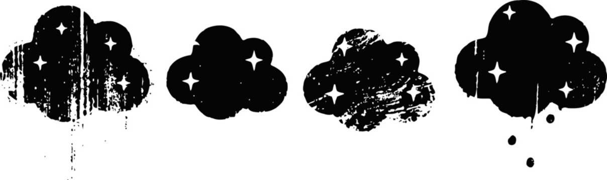set of grunge clouds with star like sparkles in black silhouette style, artistic weather design elements