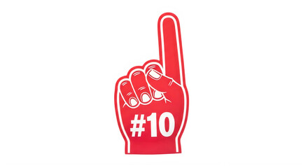 Obraz premium Red foam finger with number ten isolated on transparent background for sports events and fan engagement