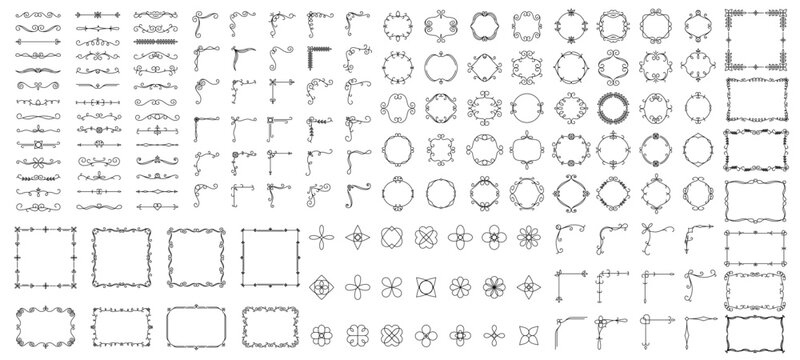 Collection of decorative divider and frame design elements, including ornate borders, circular and rectangular frames, floral vines, scrolling motifs, and corner embellishments. Vector illustration