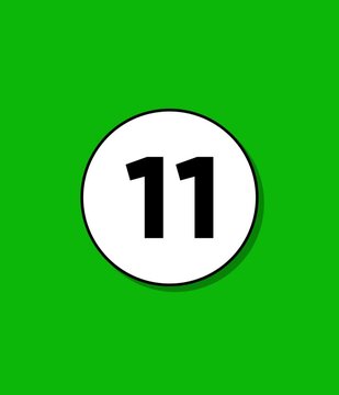 Animated white pool ball with number eleven appearing on bright green background in minimalist cartoon style