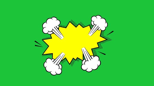 Comic explosion burst with smoke clouds on green background empty pop art frame for text dynamic cartoon animation style