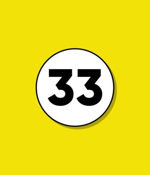 A dynamic animation showcasing a white circle with a black outline and drop shadow on a bright yellow background, transforming to reveal the bold number 33 in black