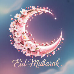 Cherry Blossom Crescent Moon with Soft Bokeh Sky and Elegant "Eid Mubarak" Script &mdash; Floral Pastel Eid Greeting Illustration